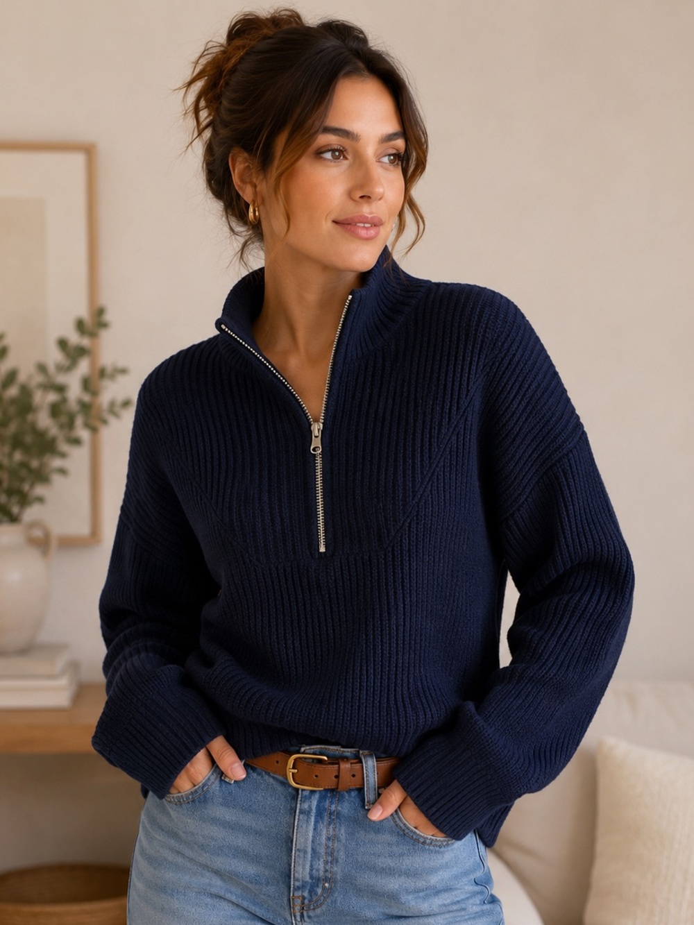 Ambiance Apparel Navy Ribbed Quarter Zip Mock Neck Sweater M - Picture 1 of 9
